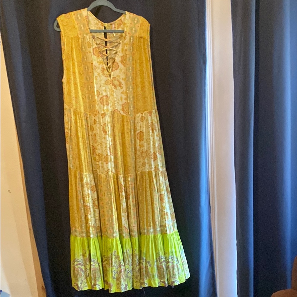 Free People Gold and Green Sleeveless V-neck Sundress